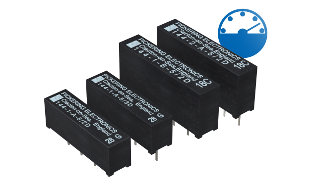 High-power Series 144 reed relays from Pickering switch up to 80W while stacking on compact 0.25-inch pitch